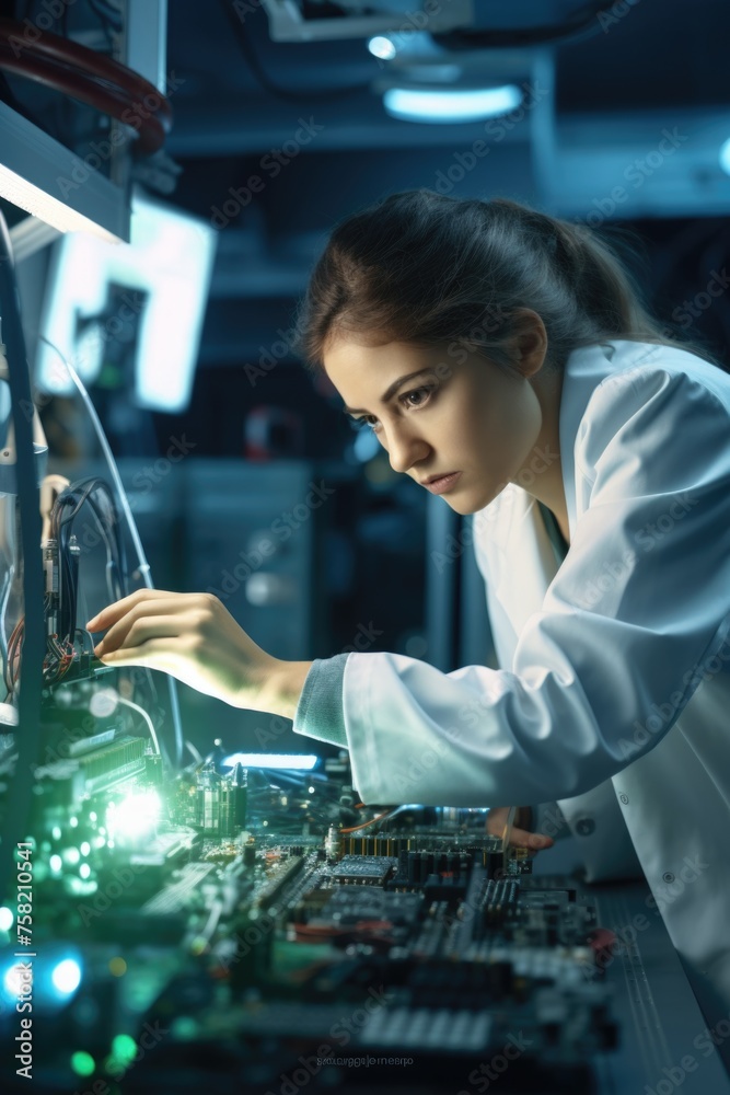 Poster A woman in a lab coat working on a computer. Ideal for science and technology concepts