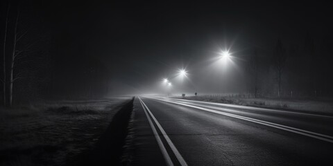 A dark, atmospheric image of a road at night. Ideal for transportation or travel concepts