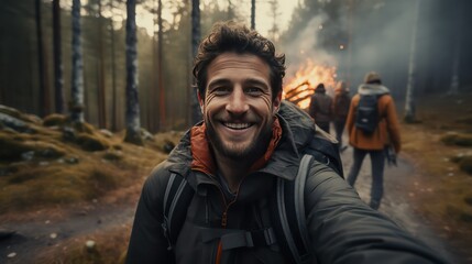 Obraz premium Hiker taking a selfie with friends in the forest. Hiking concept.