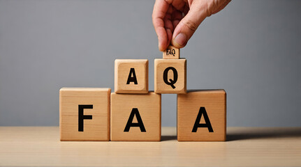 Businessman puts wooden blocks with the word FAQ (frequently asked questions). Collection of frequently asked questions on any topic and answers to them. Instructions and rules on Internet sites .AI - obrazy, fototapety, plakaty