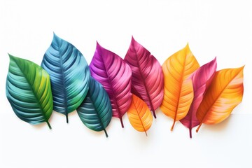 Brightly colored leaves arranged on a white background. Suitable for autumn themes or nature concepts
