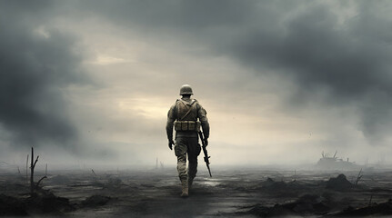 Lone soldier walking on the battlefield. Illustration of a a military man walking on an empty destroyed environment. Destruction, war scene. Smoke and fog  .Generative AI