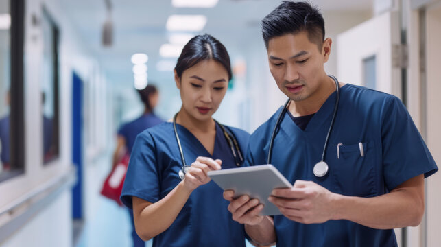 medical professionals, a male and a female, are attentively looking at a digital tablet in a hospital corridor