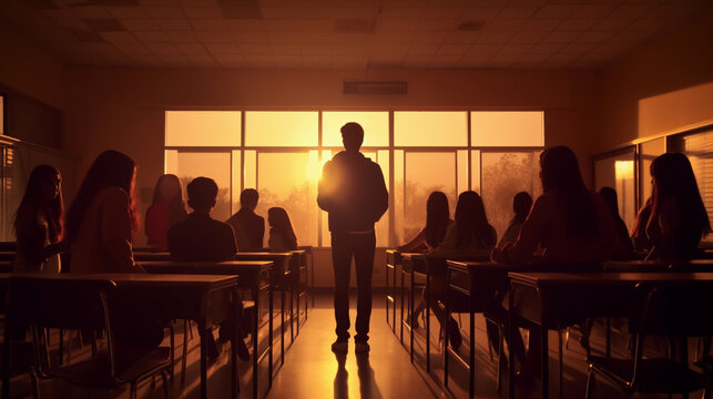 Backlit group student in classroom with sunset light ray