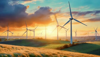 Obraz premium Harvesting the Wind: Sunset Over Wind Farm Field - Harnessing Sustainable Energy for a Greener Tomorrow