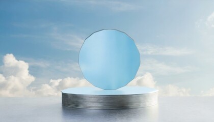 Minimalist Elegance: Blue Octagon Product Podium in Brushed Steel Finish Against a Serene Sky"