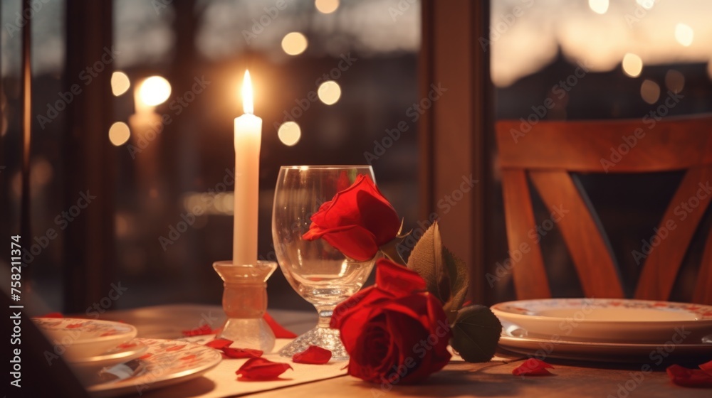 Poster A simple table setting with a candle and a rose. Ideal for romantic occasions