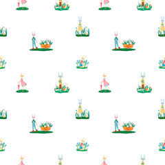 Rabbits and hares in the clearing, eggs. Seamless pattern. Happy Easter concept. Template for print, paper, textile. Vector illustration in modern style.