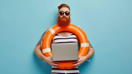 joyful man with red-dyed hair and a full beard, wearing round sunglasses, a striped tank top, holding a laptop in one hand, and an orange lifebuoy in the other