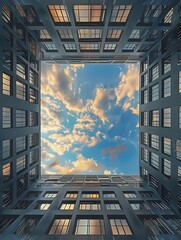 Perception of Space A Hyper-Realistic Portrayal of Sky Through Buildings Central Window