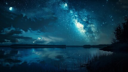 Beneath a starry sky, the moonlight casts a serene glow on a lakeside, with the water reflecting the celestial beauty above.
