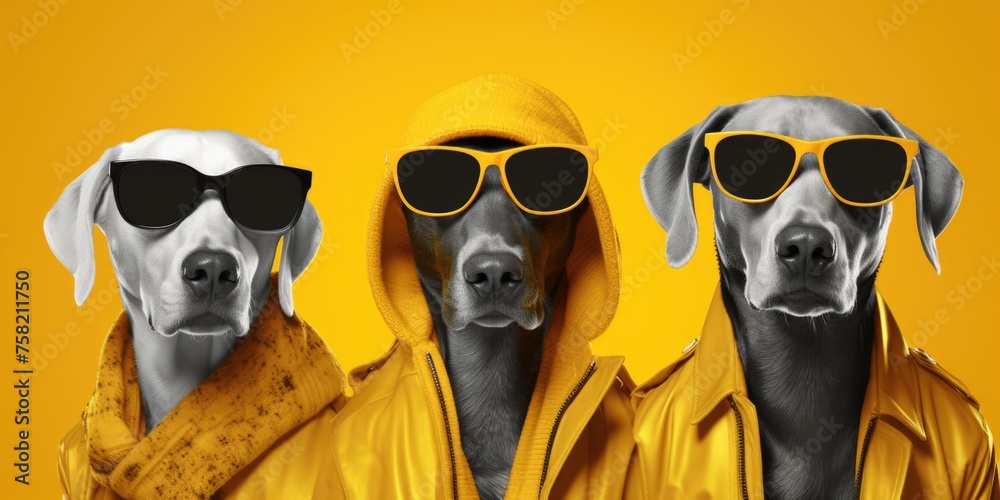 Sticker Two dogs wearing sunglasses and a yellow raincoat, perfect for pet fashion concepts