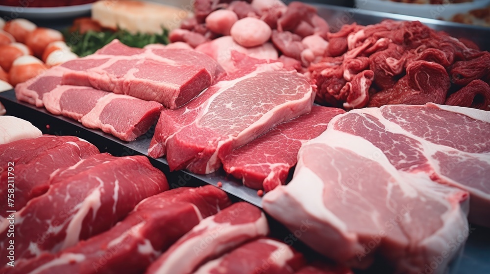 Poster raw meat displayed on a table, suitable for food and cooking concepts