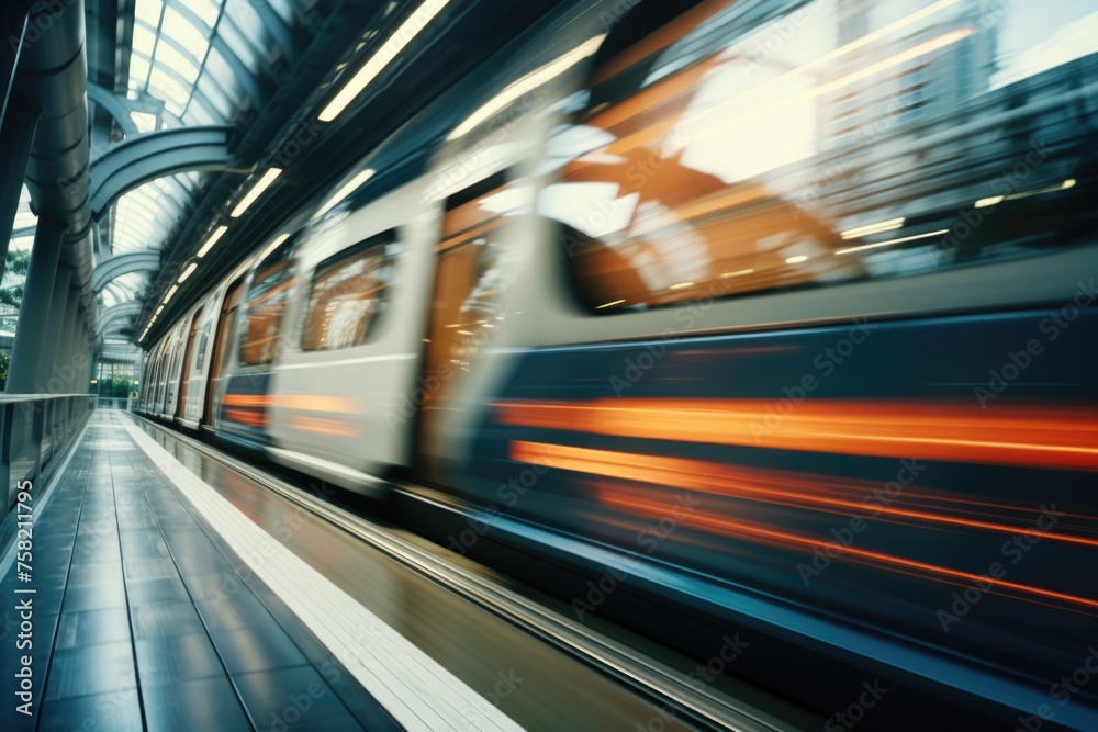 Poster A blurry image of a train approaching on the tracks. Ideal for transportation concepts