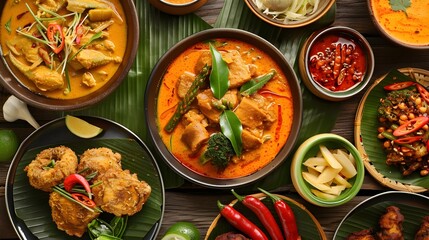 Traditional Thai Dishes on Rustic Bamboo Tabletop - A Culinary Journey Through Exotic Flavors and Aromas