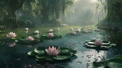 Tranquil Water Lily Paradise: A Serene  Wallpaper Design