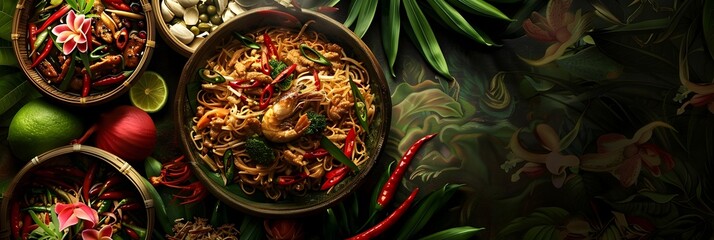 Vibrant Thai Dishes Adorning a Traditional Balinese Table A Glimpse into Indonesian Culinary Heritage
