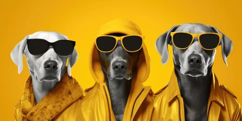 Poster Two dogs wearing sunglasses and a yellow raincoat, perfect for pet fashion concepts © Fotograf