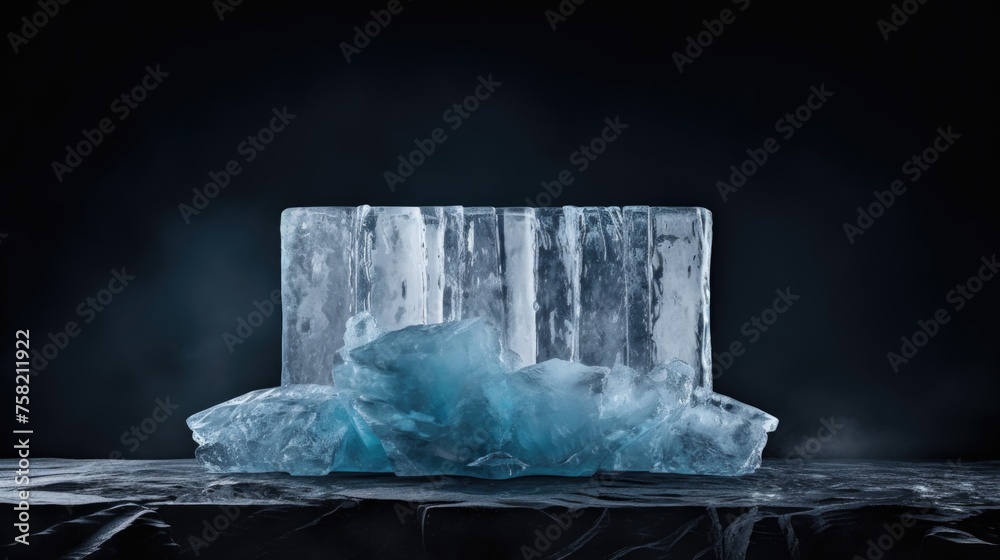 Poster a piece of ice sitting on top of a table. suitable for food and beverage concepts