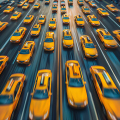 Blurred motion of yellow taxis on a city street.