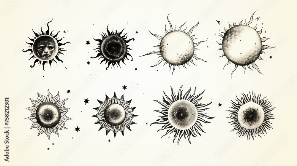 Poster drawing of sunflowers and stars on a white background. suitable for various design projects