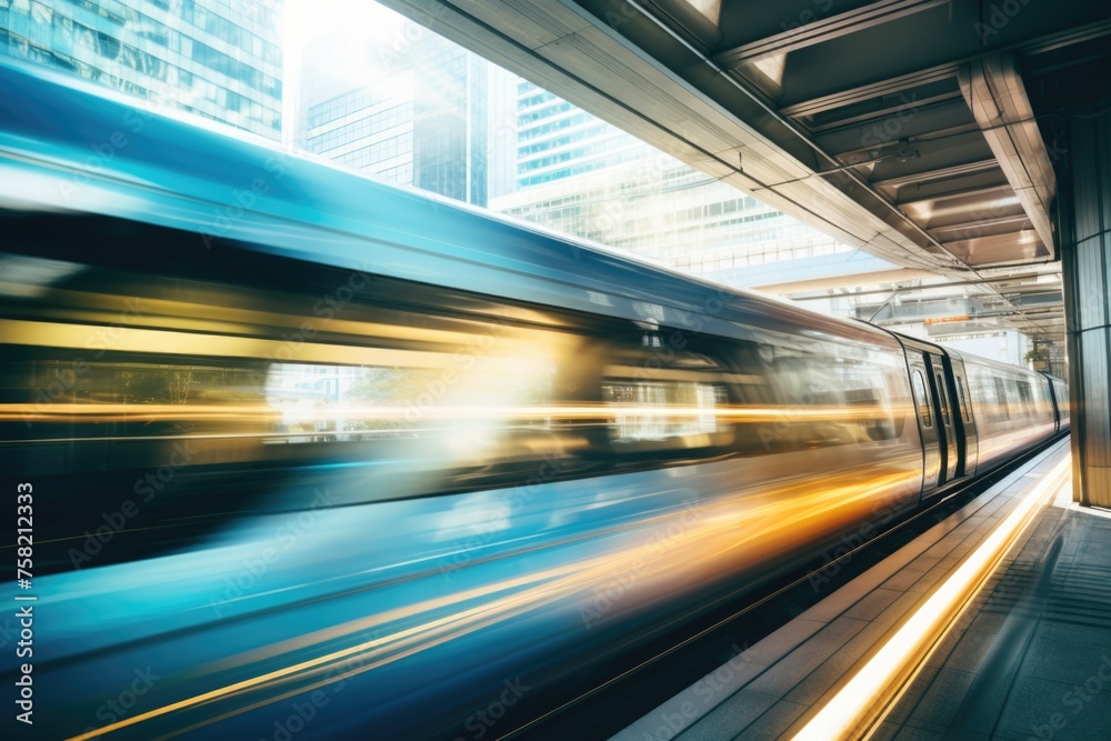 Poster blurry image of a train at a station, suitable for transportation concepts