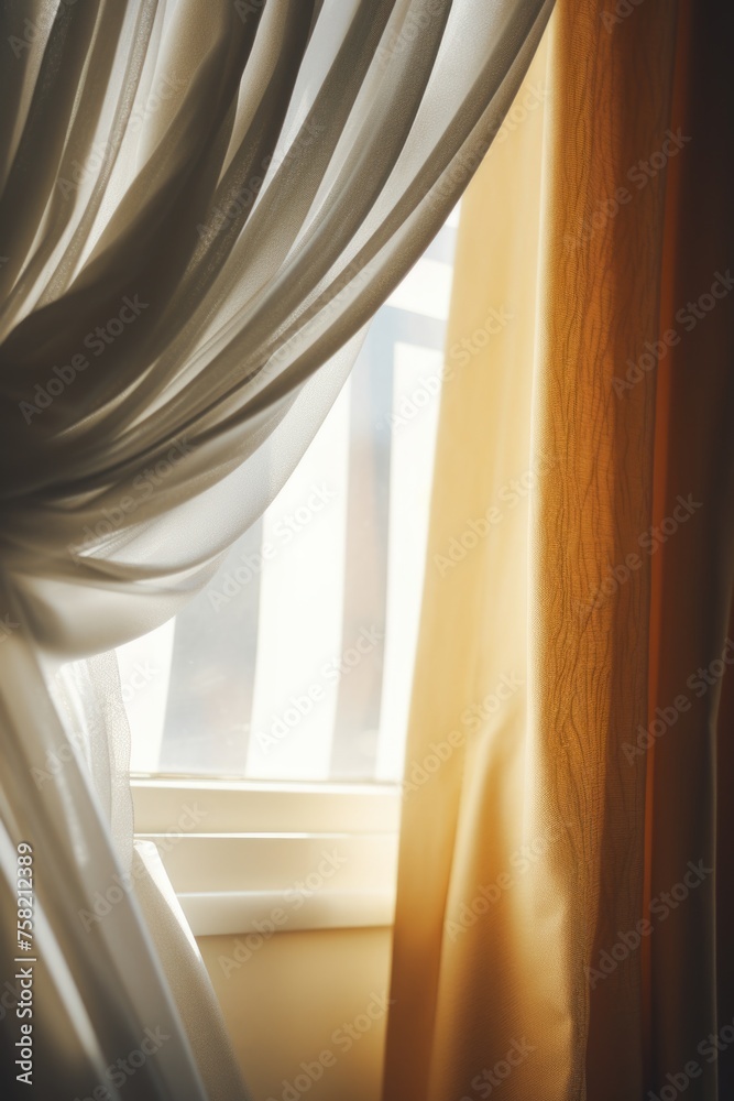Poster Close up view of a curtain with a window in the background. Suitable for interior design concepts