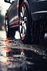 Detailed shot of a car on a wet road, suitable for automotive and road safety concepts