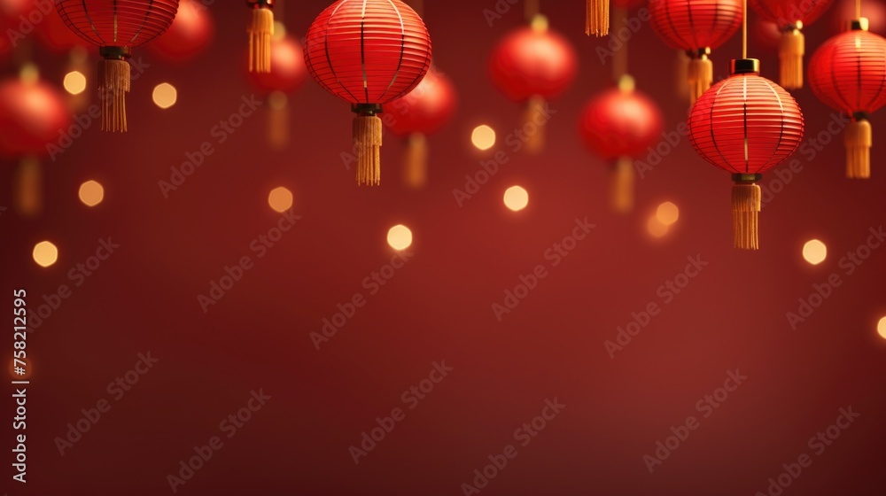 Poster a bunch of red lanterns hanging from a ceiling. suitable for interior design projects