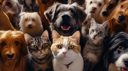 A group of cats and dogs looking at the camera. Suitable for pet lovers