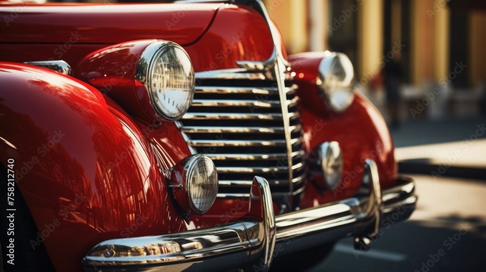 Poster detailed view of the front of a red car, perfect for automotive concepts