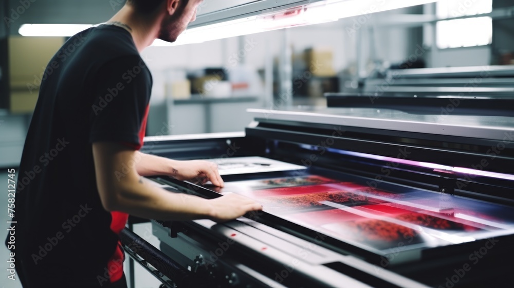 Aufkleber A man standing in front of a large print machine. Suitable for printing industry concepts