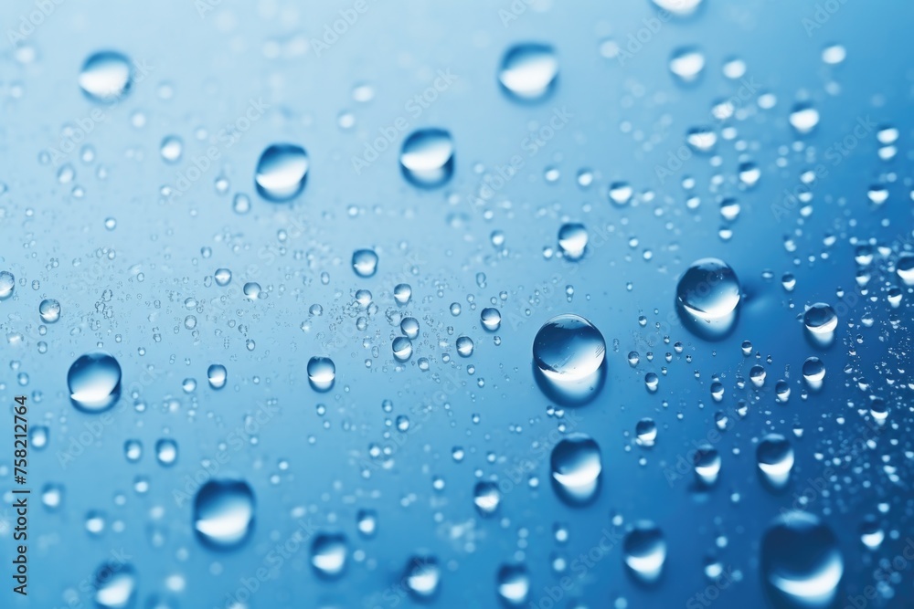 Poster close-up of water droplets on a blue surface, suitable for various design projects