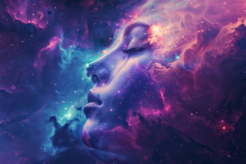 A woman's face is shown in a colorful, starry background. Concept of wonder and awe, as if the woman is floating in space - obrazy, fototapety, plakaty