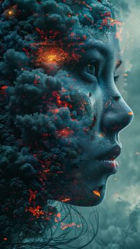 A woman's face is shown with a lot of fire and smoke surrounding her. The image has a dark and ominous mood, with the woman's face looking sad and defeated