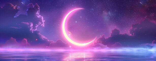 Big crescent moon night background, glowing stars