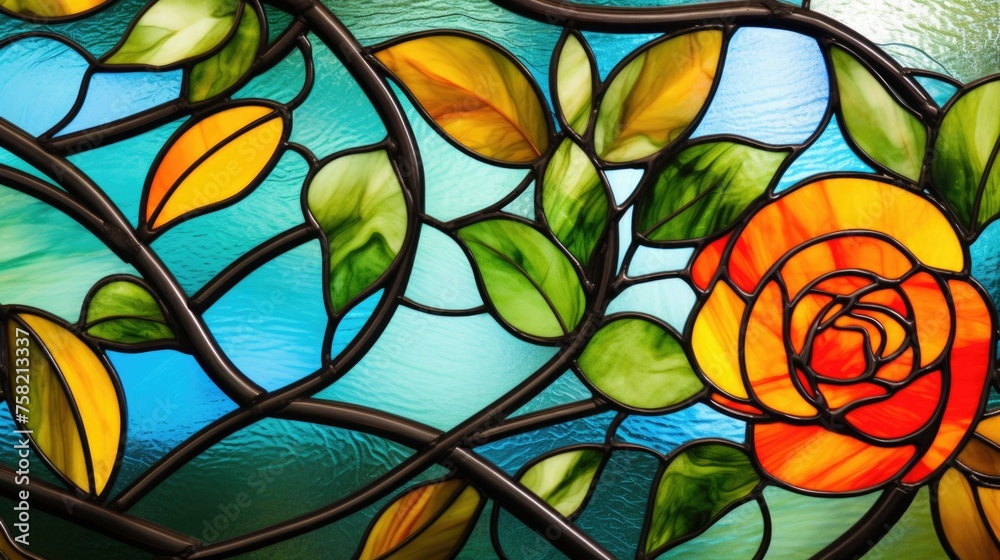 Poster close up view of a beautiful stained glass window with a rose design. perfect for architectural and 