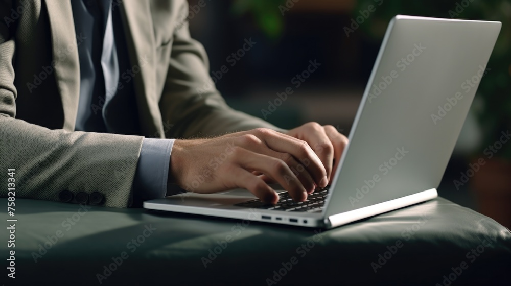 Poster a man in a suit typing on a laptop. suitable for business and technology concepts
