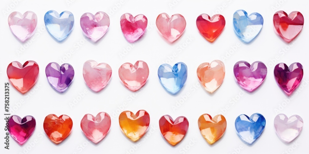 Poster a variety of brightly colored hearts on a plain white background. suitable for various projects and 
