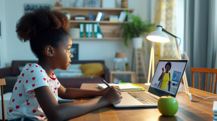 young girl engaged in an online learning session, writing notes while participating in a video call with a teacher on her laptop at a home study setup