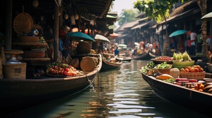 A river filled with lots of boats carrying an abundance of food. Perfect for food delivery or waterfront dining concepts - obrazy, fototapety, plakaty