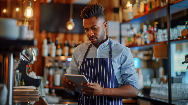 focused bearded man in a blue striped apron using a tablet in a bar setting