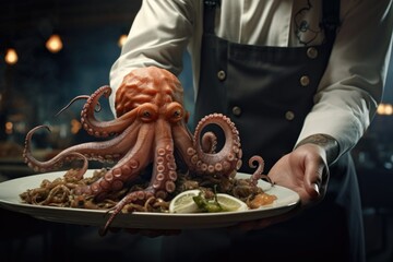 Person holding a plate of food with an octopus on it. Suitable for food and seafood concepts
