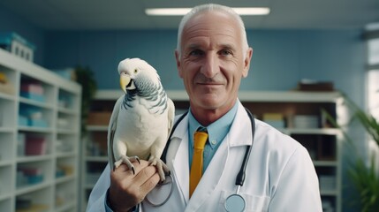 A man in a lab coat holding a bird. Ideal for scientific or educational concepts - obrazy, fototapety, plakaty