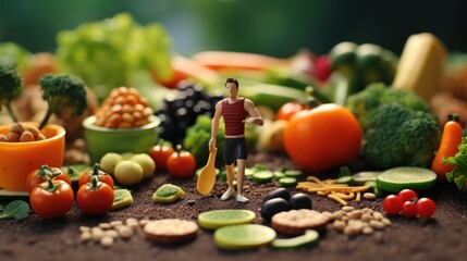 A man standing in front of a table full of fruits and vegetables. Ideal for food and nutrition...