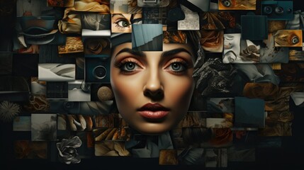 A woman's face surrounded by various images. Can be used for design projects - obrazy, fototapety, plakaty