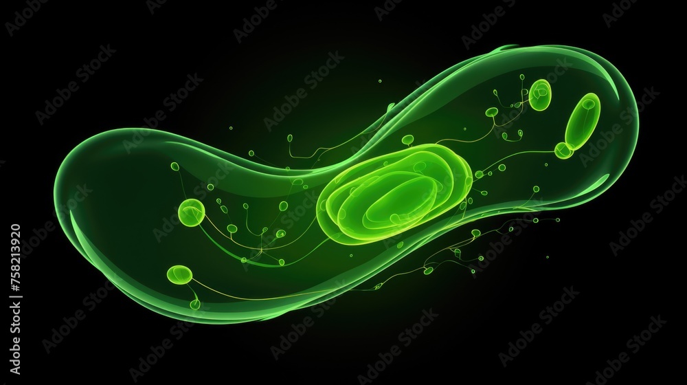 Poster green cell structure on a dark black backdrop. suitable for scientific and technology concepts