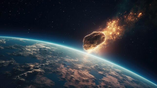 A dramatic image of an asteroid approaching Earth in space. Suitable for science fiction or astronomy concepts