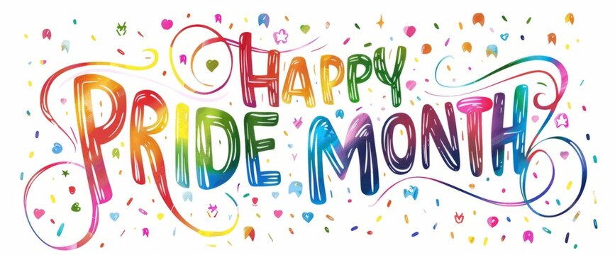 The words "HAPPY PRIDE MONTH" written in rainbow colored cursive font on white background, clip art style Generative AI