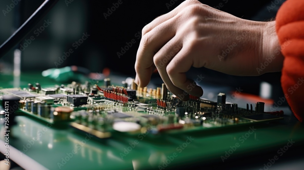 Poster A detailed view of a hand on a circuit board. Suitable for technology and electronics concepts